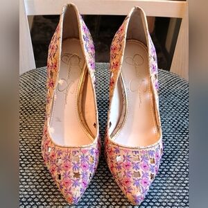 Jessica Simpson Pink Purple Embroidered Floral Cutout Heels Size 6 Spring